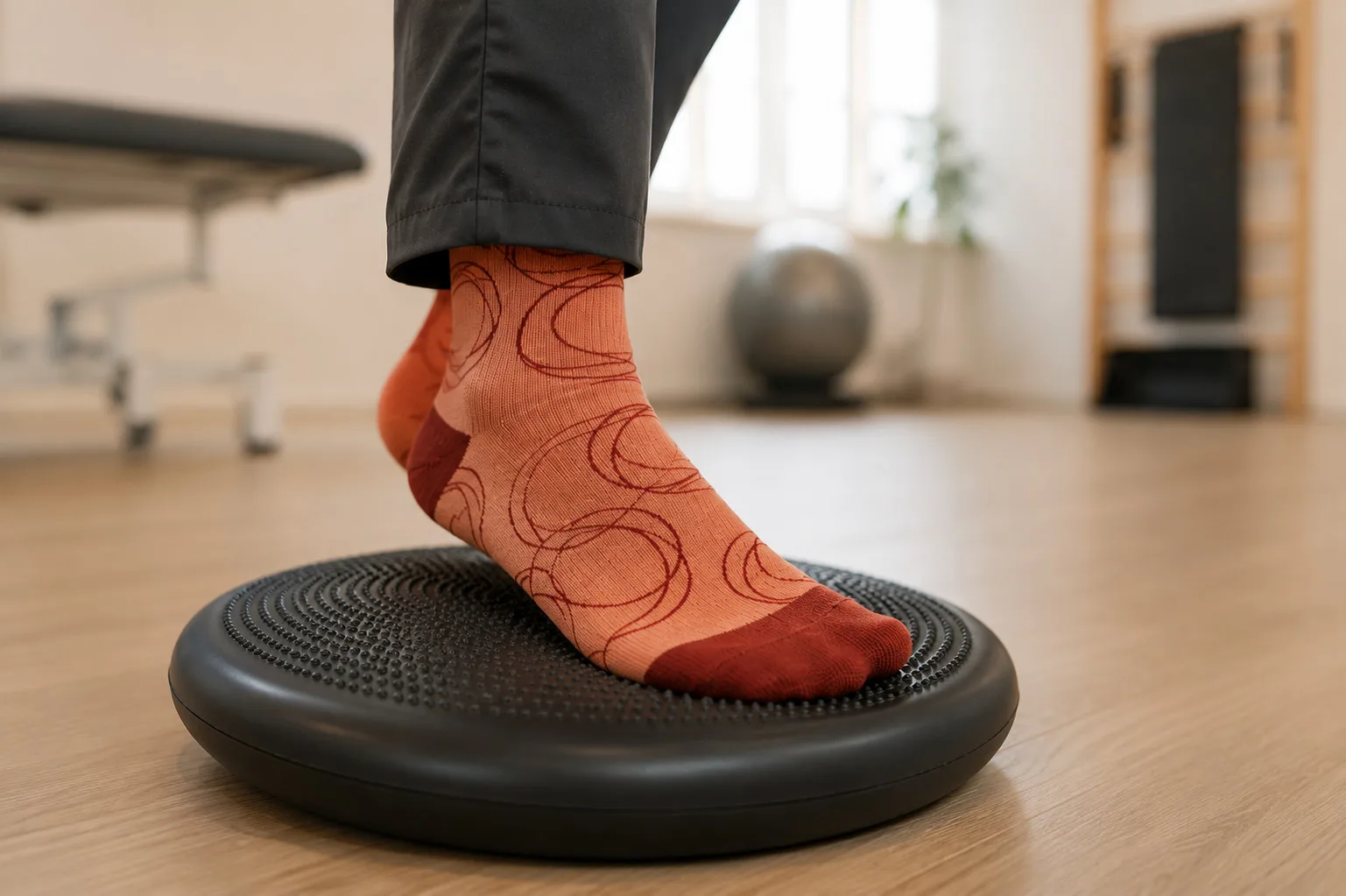 Fuss im Socken auf einem Balancekissen