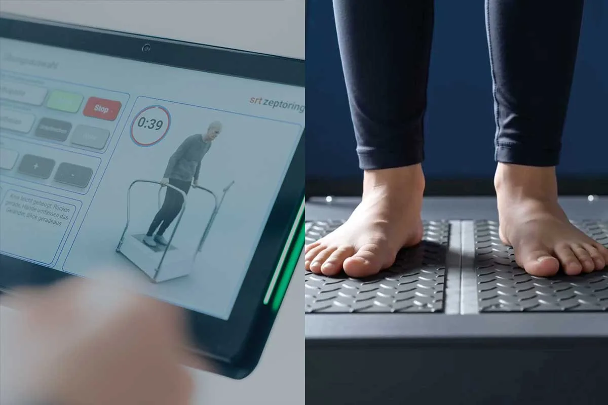 Barfuss auf der Schwingplatte, daneben das Tablet mit der Trainingssteuerung